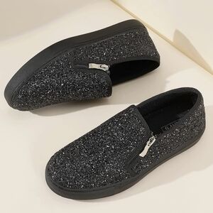 IDIFU Women's Black Glitter Flats